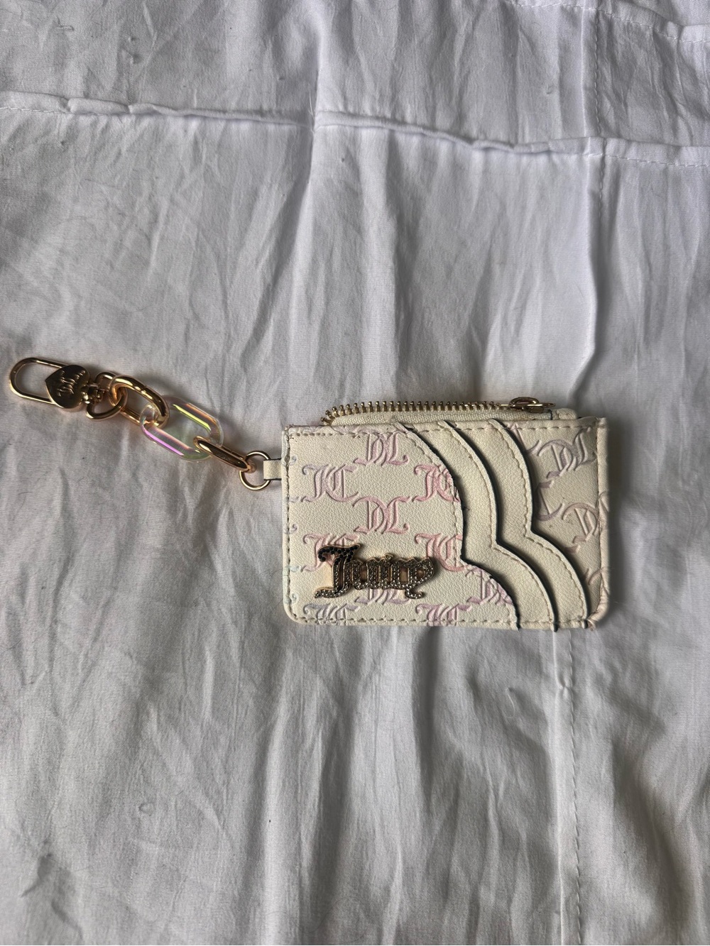 Juicy Couture Cream Card Holder Keychain with Pink Monogram